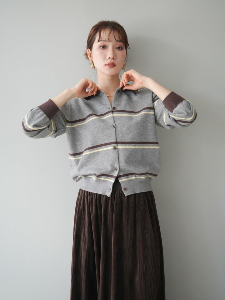[予約]配色マルチボーダーポロニットカーディガン/gray
