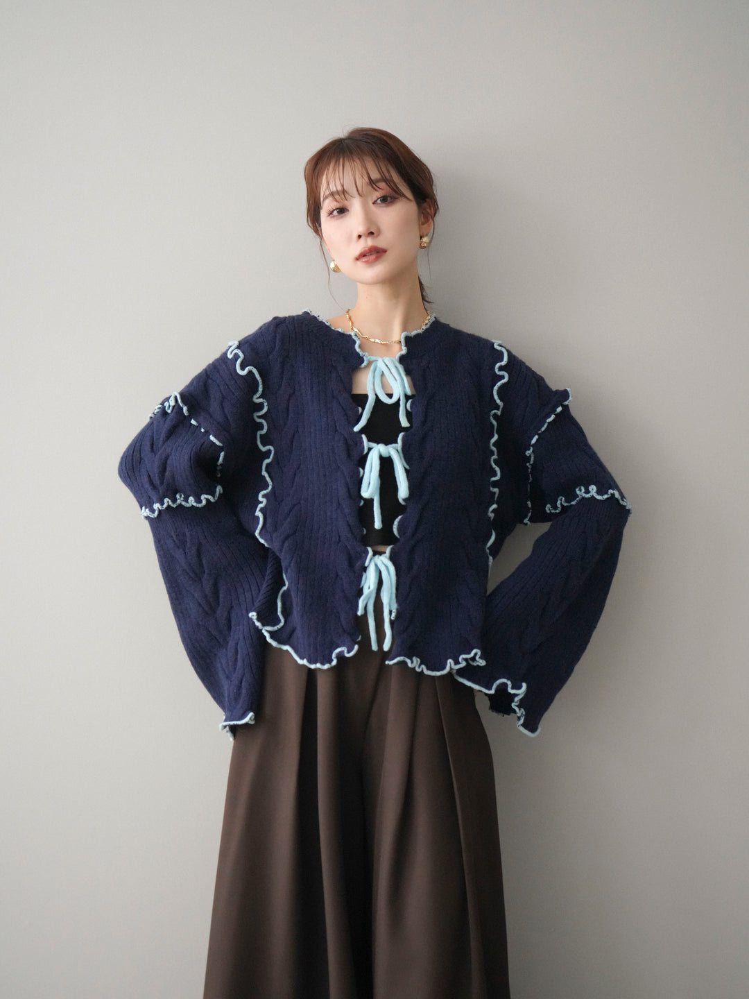 [予約]フロントリボン配色メローニットカーディガン/navy