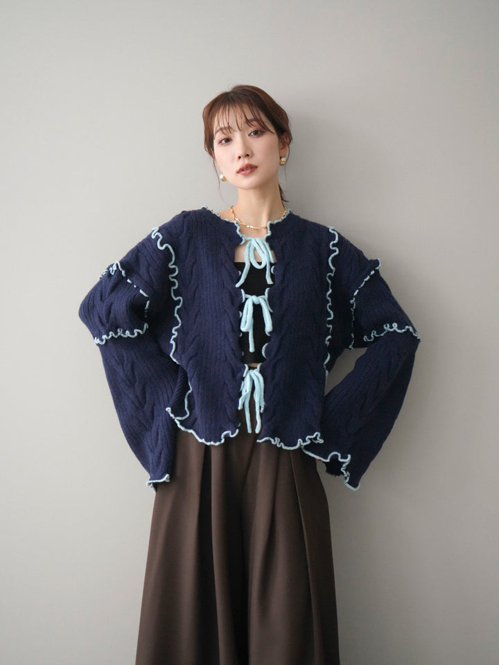 [予約]フロントリボン配色メローニットカーディガン/navy