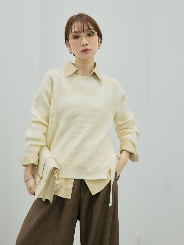 【Allure】[SET]サイドスリット畦編みニットプルオーバーシャツアンサンブル+サイドスリット畦編みニットプルオーバーシャツアンサンブル(2set)