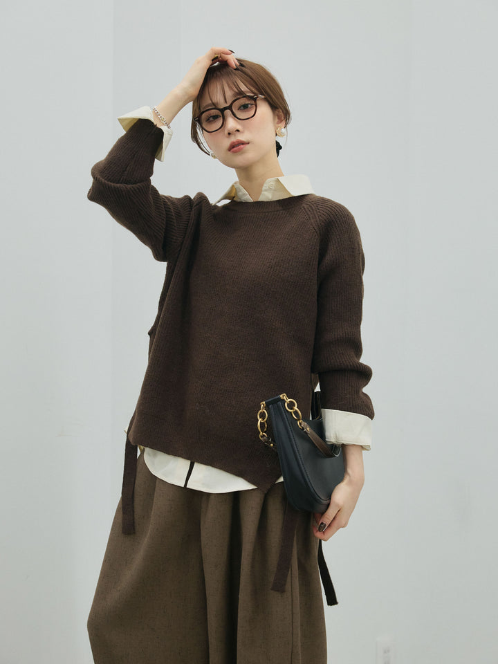 [予約]サイドスリット畦編みニットプルオーバーシャツアンサンブル/brown