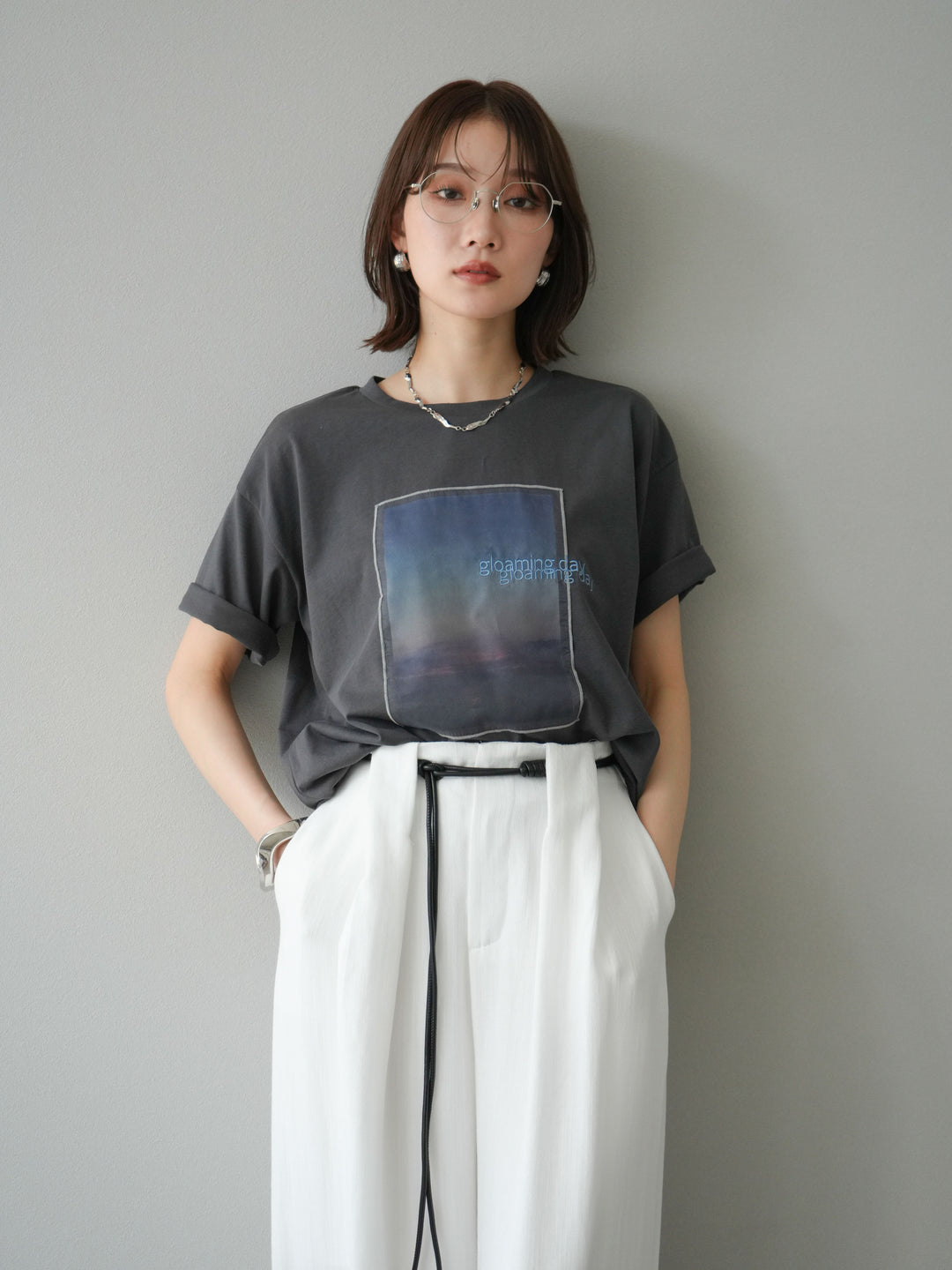 [予約]チュールレイヤードプリントTシャツ/チャコール