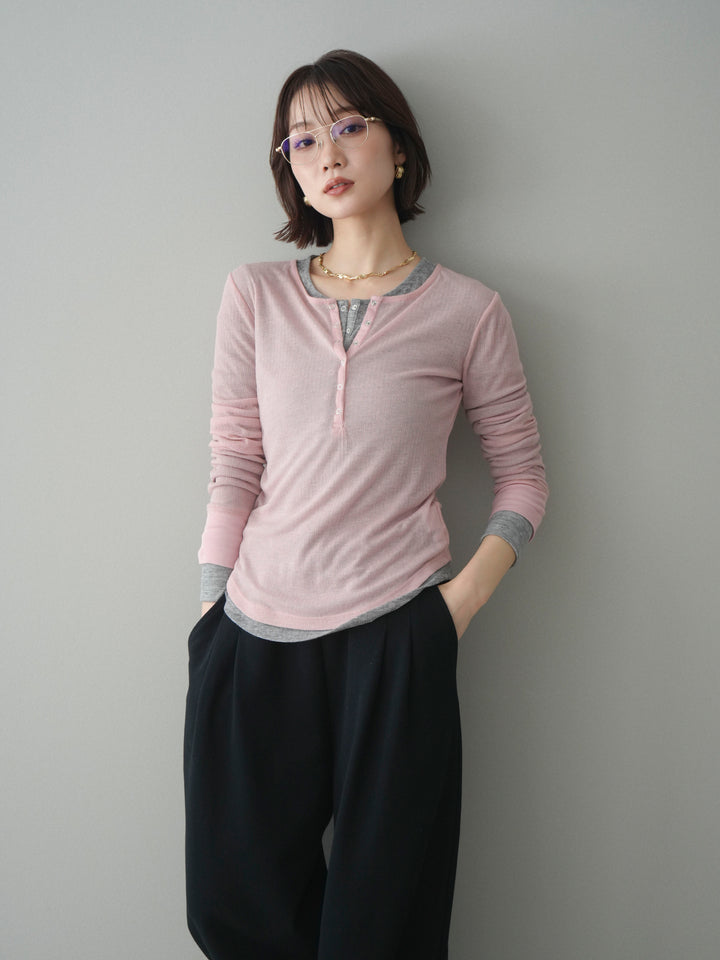 [予約]シアーリブヘンリーネックロンT/pink