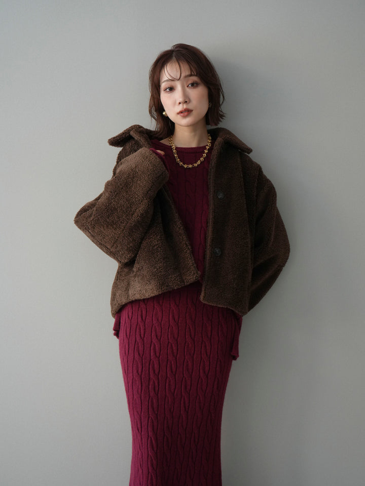 [SET]エコファーステンカラージャケット+ストール付ケーブルニットプルオーバー&ロングスカートSET UP(2set)