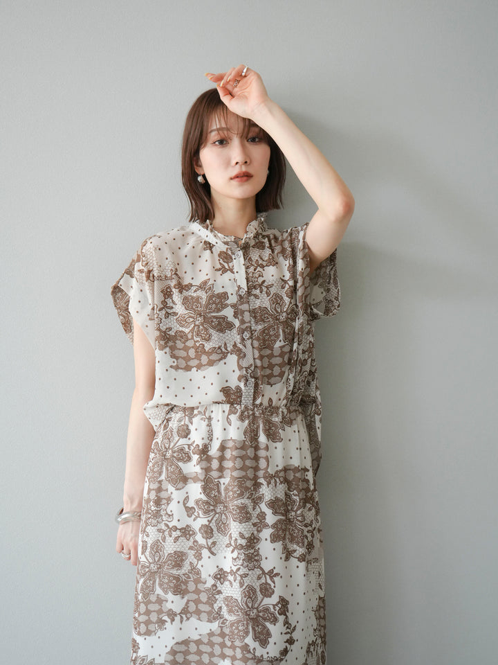 [SET] 花朵圖案法式袖襯衫 + 花朵圖案喇叭裙 (2 套)