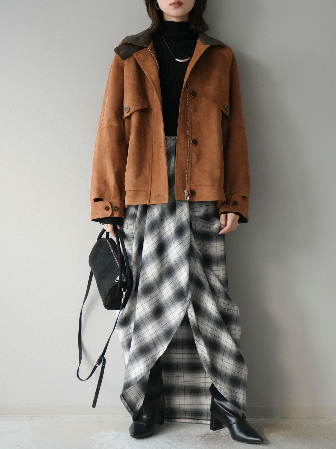 [予約]デザインポケットレザー襟スウェードジャケット/キャメル