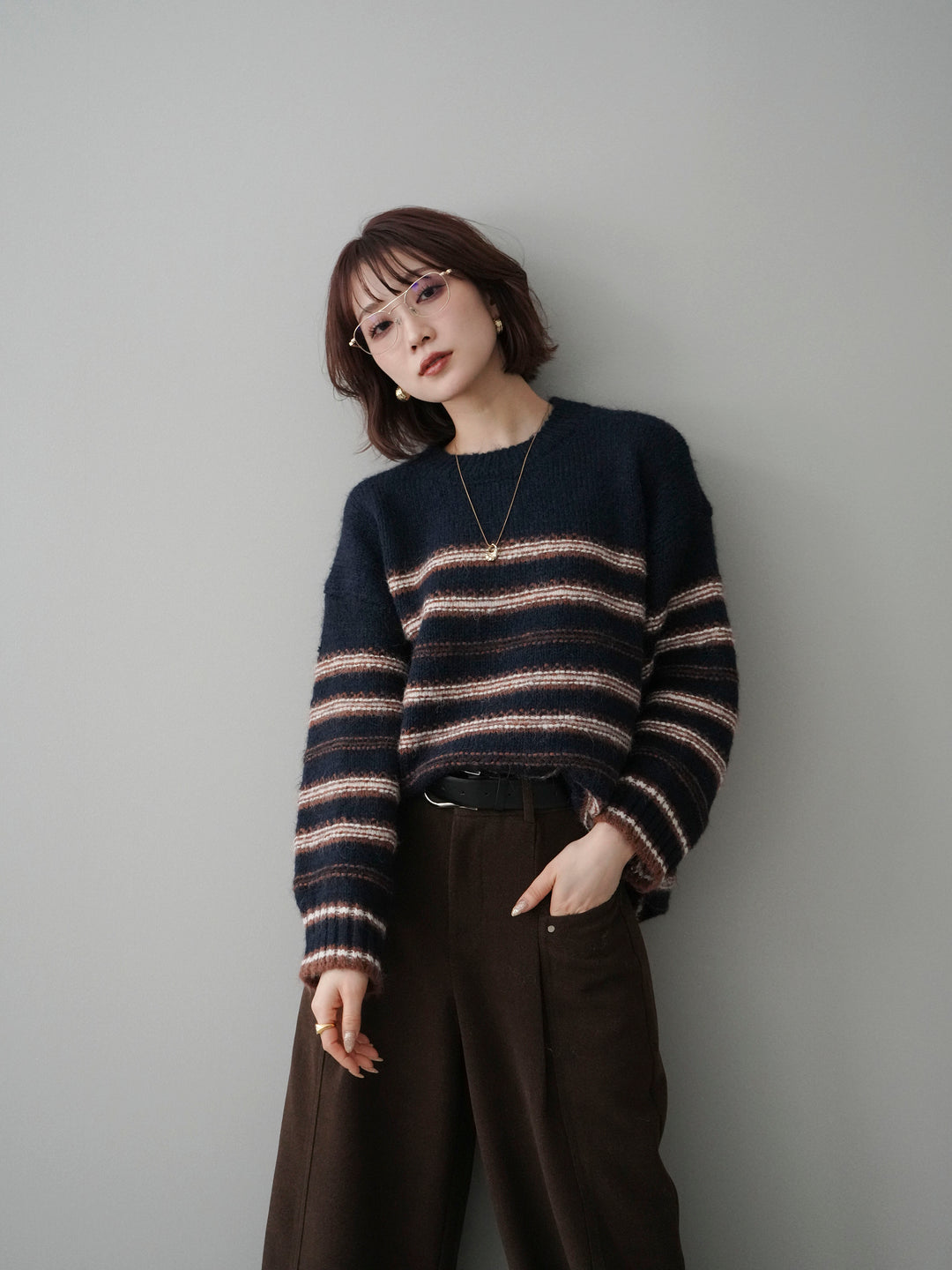 [予約]ステッチボーダーニットプルオーバー/navy