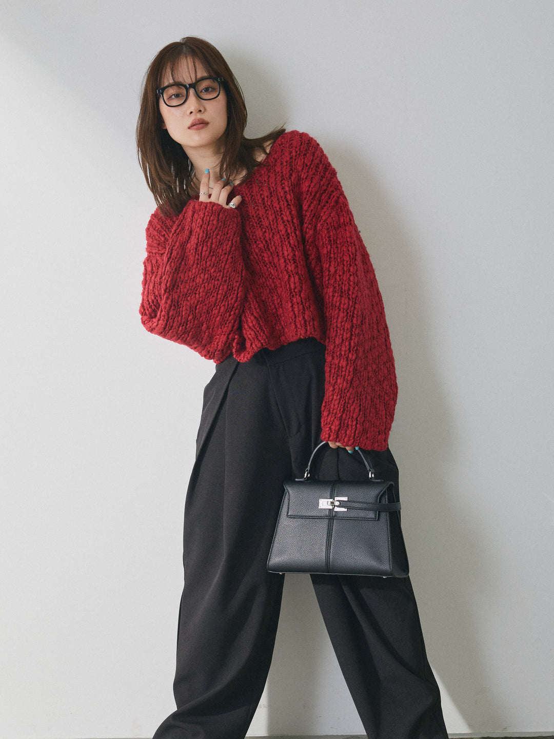 【Allure】[SET]クロップドチャンキースラブニットプルオーバー+アシンメトリーウエストタックパンツ(2set)