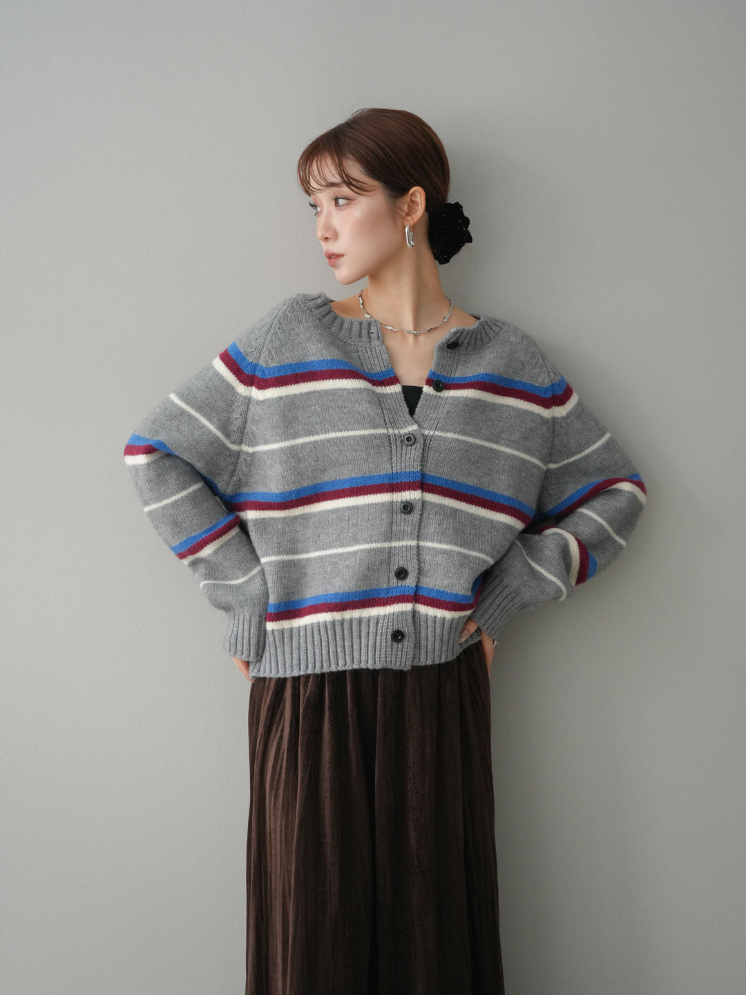 [予約]ランダムボーダーニットカーディガン/gray