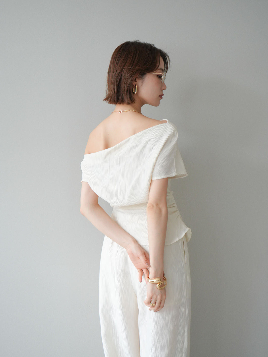 [SET]クレープアシンメトリーギャザートップス+クレープドレープタックパンツ(2set)