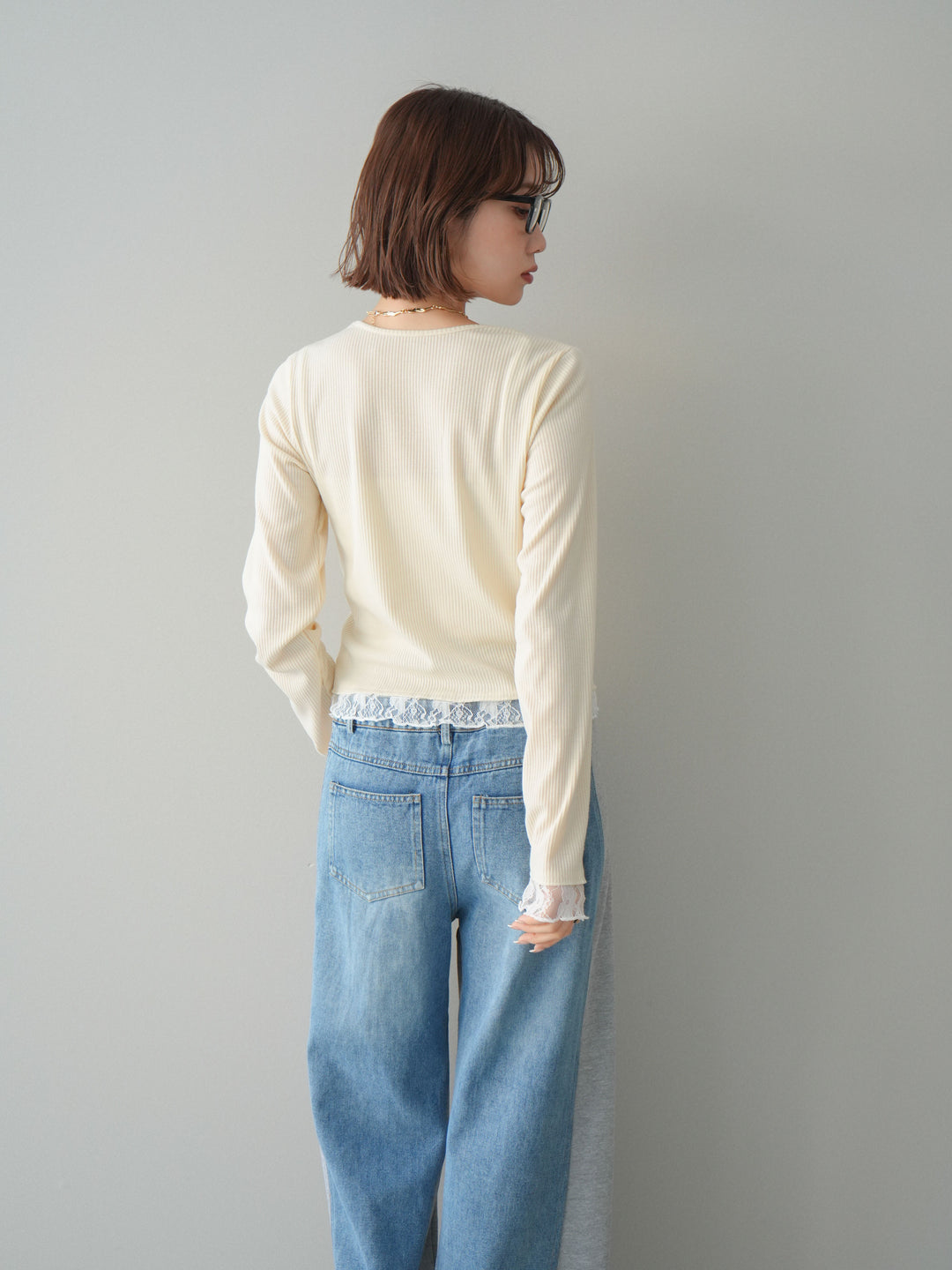 [SET]レースドッキングテレコリブカーディガン+デニム切替スウェットパンツ(2set)