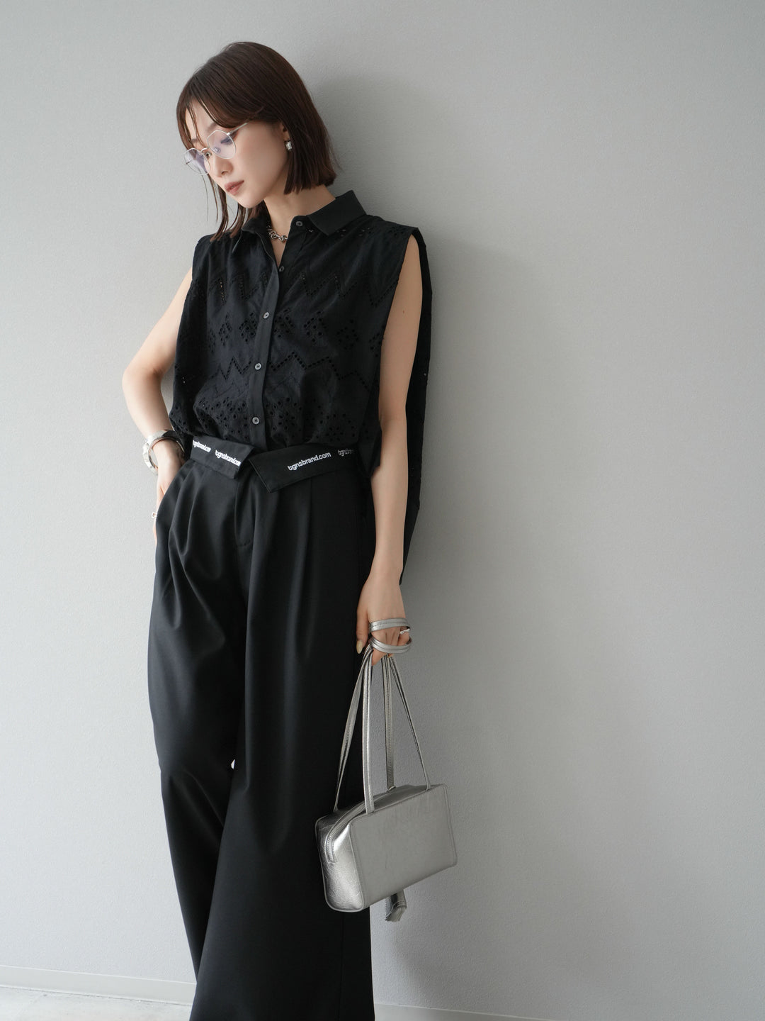 [予約]エンブロイダリーレースタックショルダーブラウス/ブラック