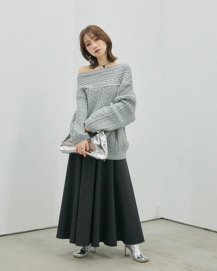 【Allure】[SET]ケーブルワンショルニットプルオーバー+ウールタッチフレアスカート(2set)