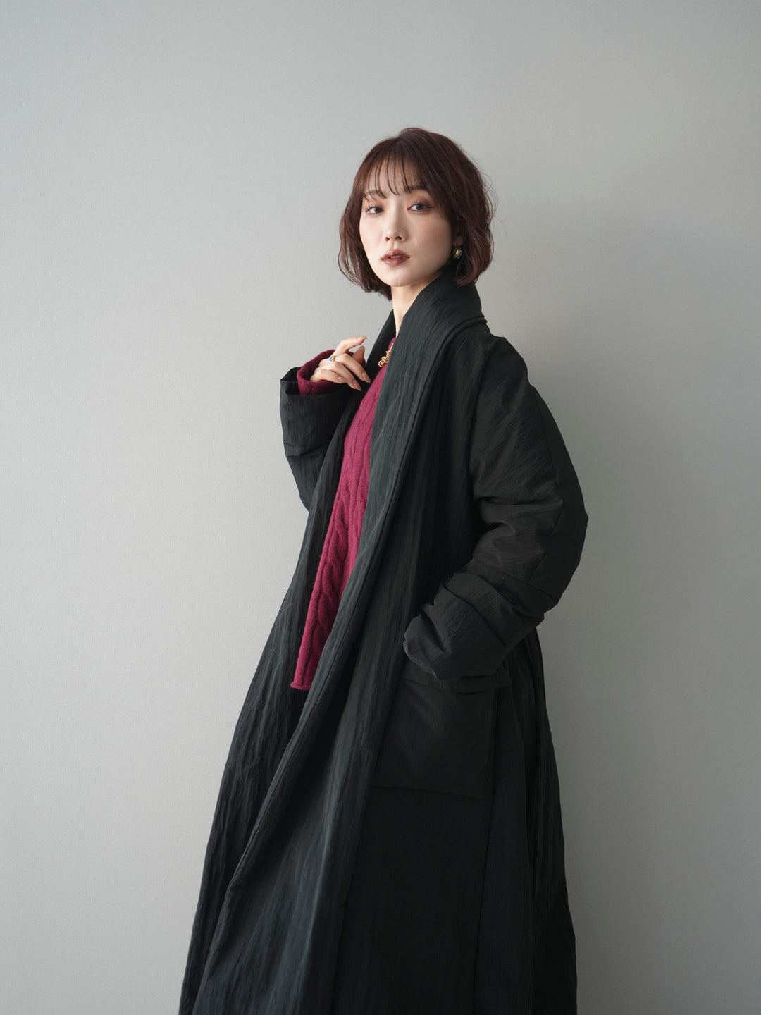 [SET]ストール付ケーブルニットプルオーバー&ロングスカートSET UP+ロングダウンコート(2set)