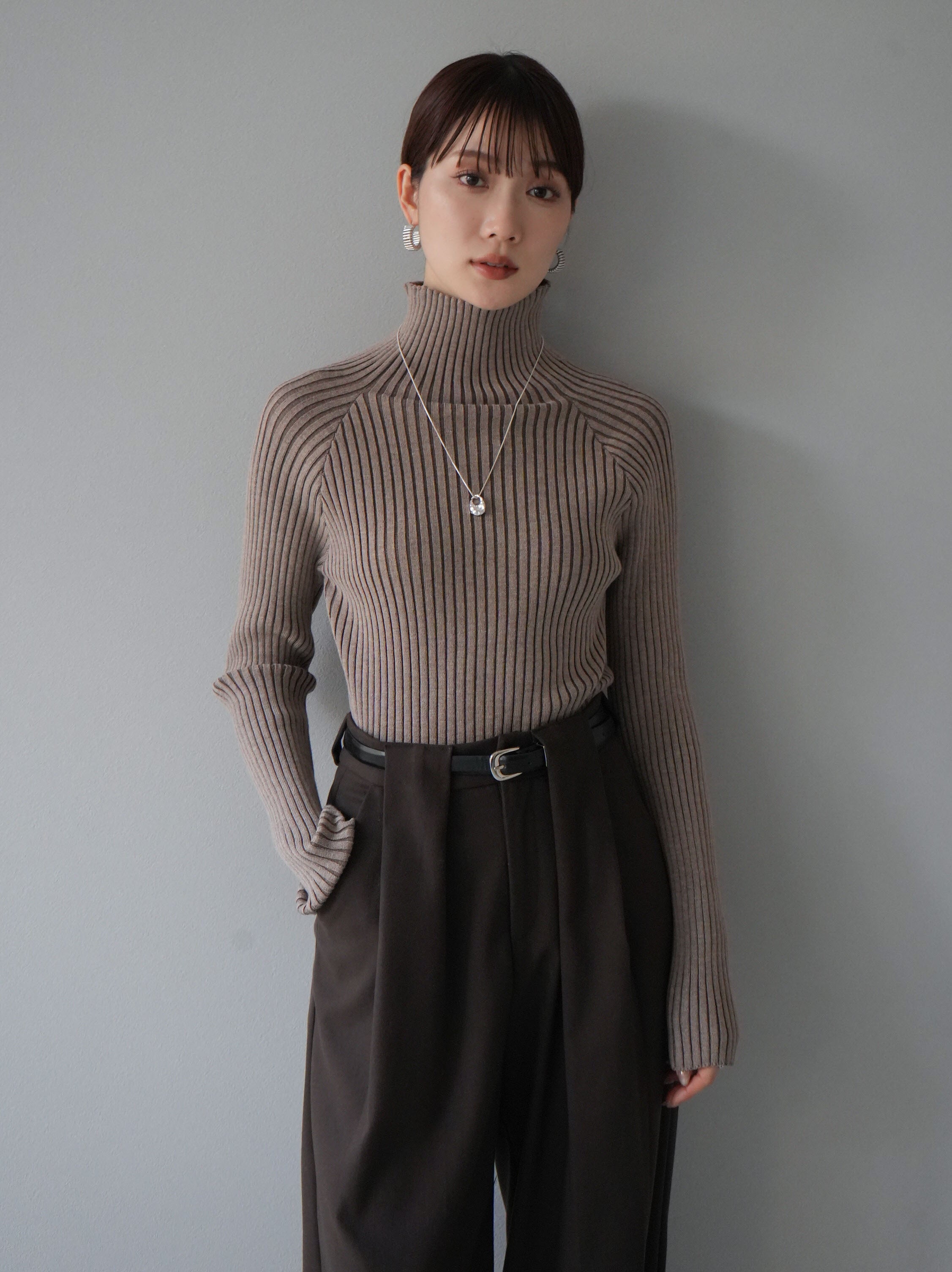 SET]バイカラーリブハイネックニットトップス+ベルト付ウールタッチ