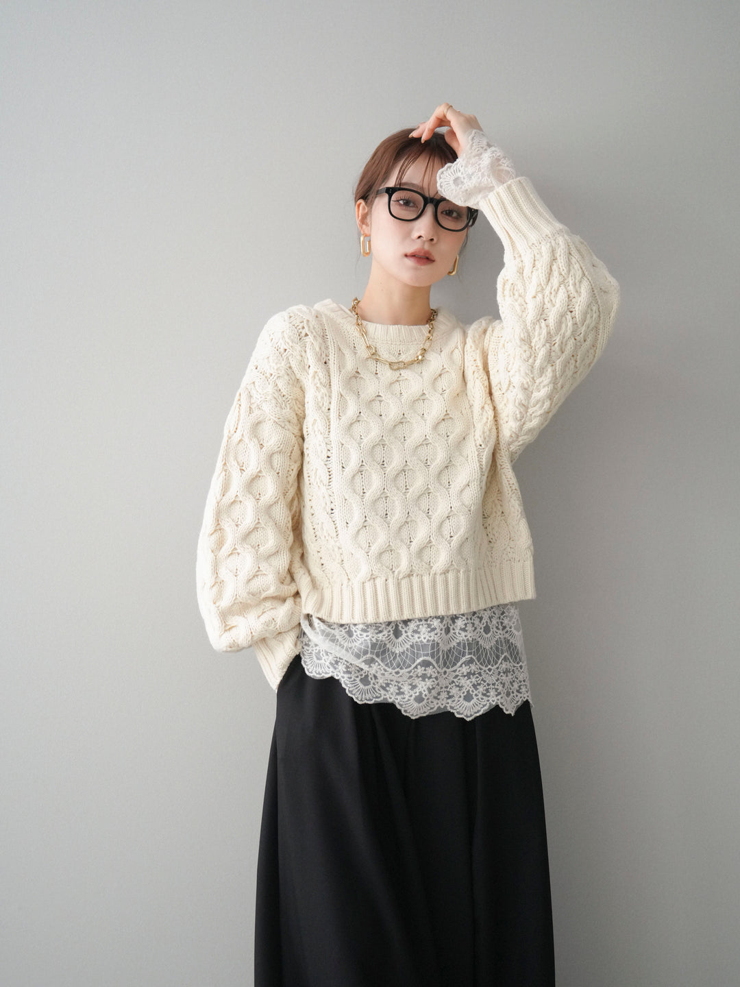 [SET]バルキーケーブルクロップドニットプルオーバー+選べるアクセセット(2set)