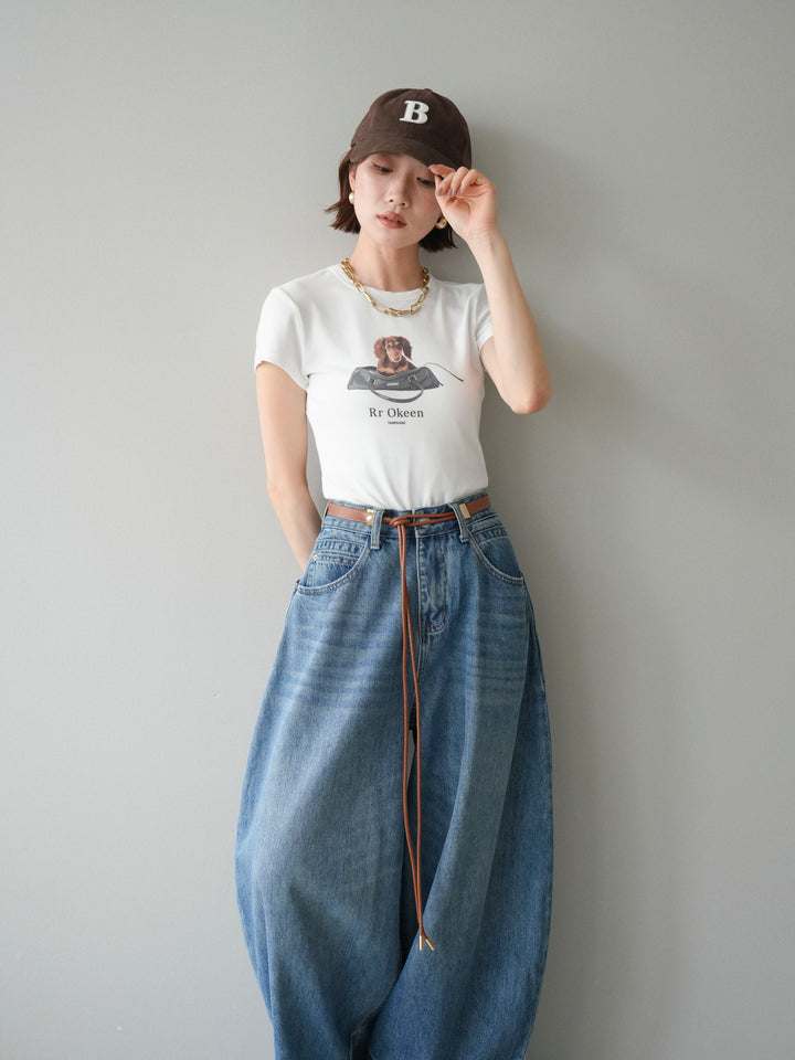 [SET]ドッグコンパクトTEE+ベルト付ボリュームデザインデニム(2set)