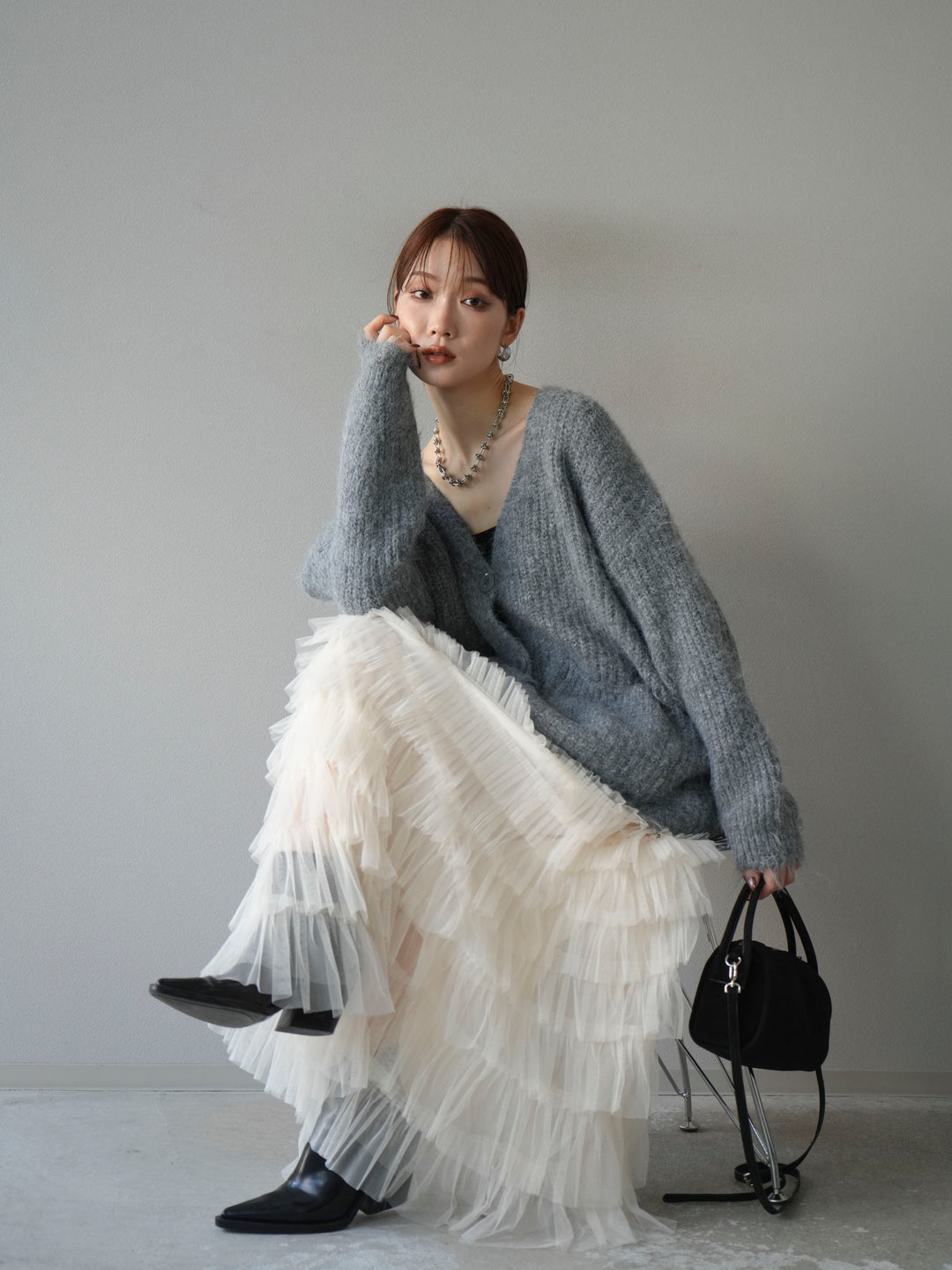 [予約]ウール混オーバーニットカーディガン/グレー