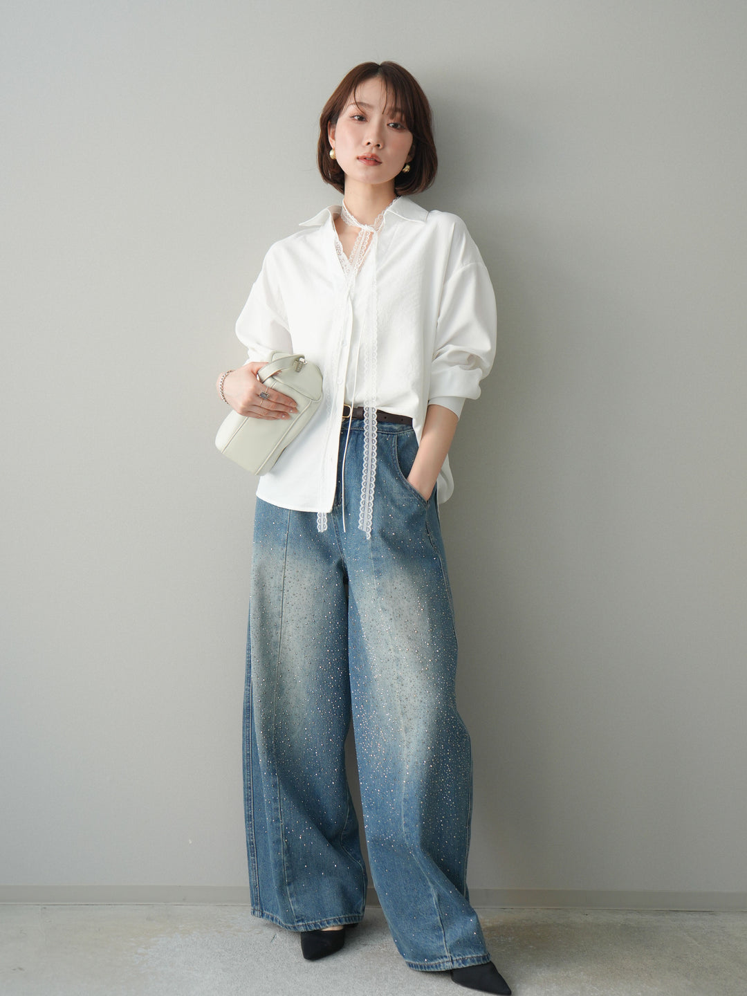 [予約]フロントビジューカーブデニムパンツ/blue