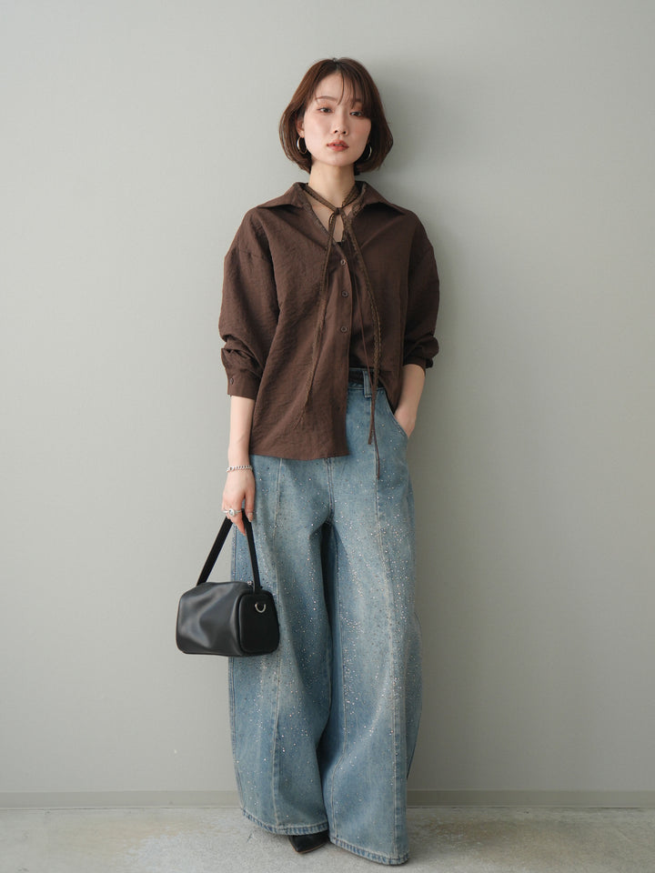 [予約]フロントビジューカーブデニムパンツ/lightblue