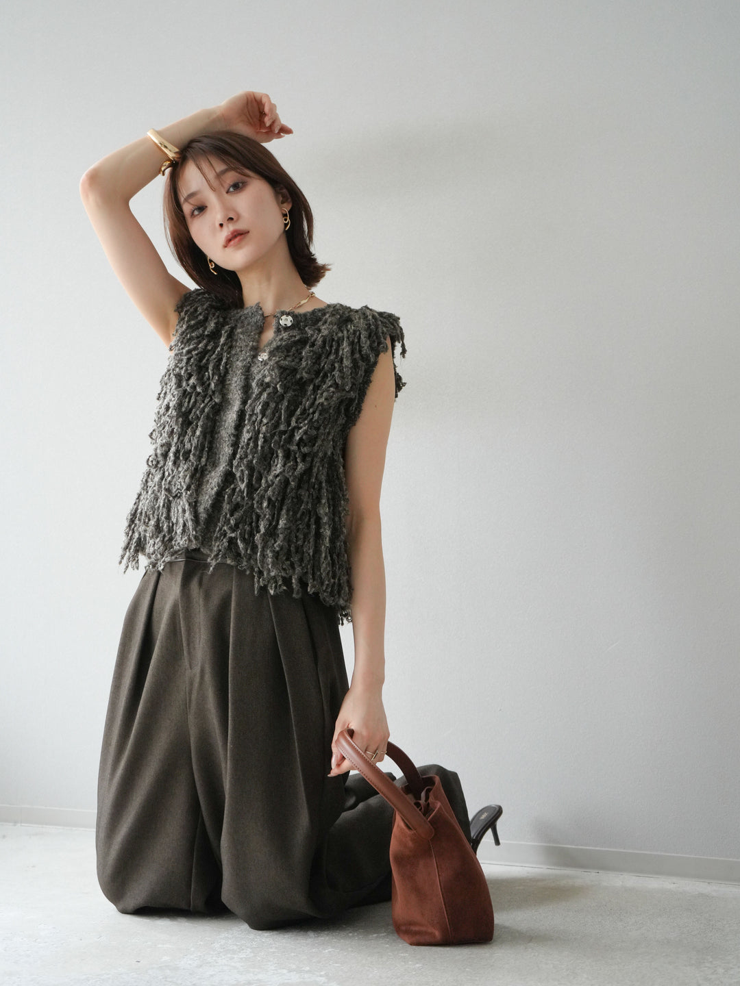 [予約]フリンジループニットベスト/ブラウン