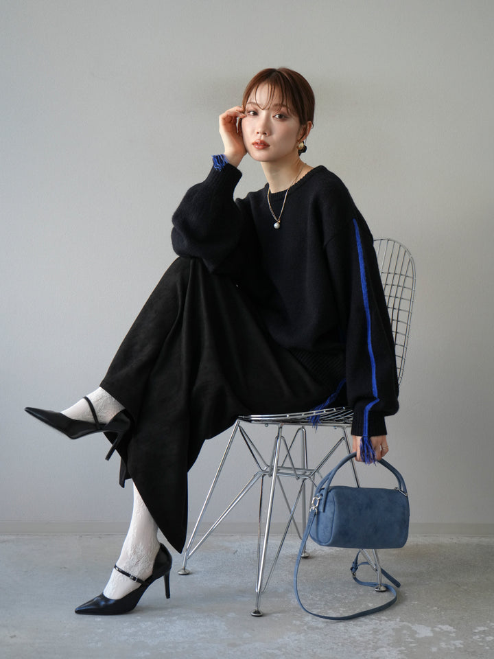 [予約]配色ステッチフリンジニットプルオーバー /ブラック