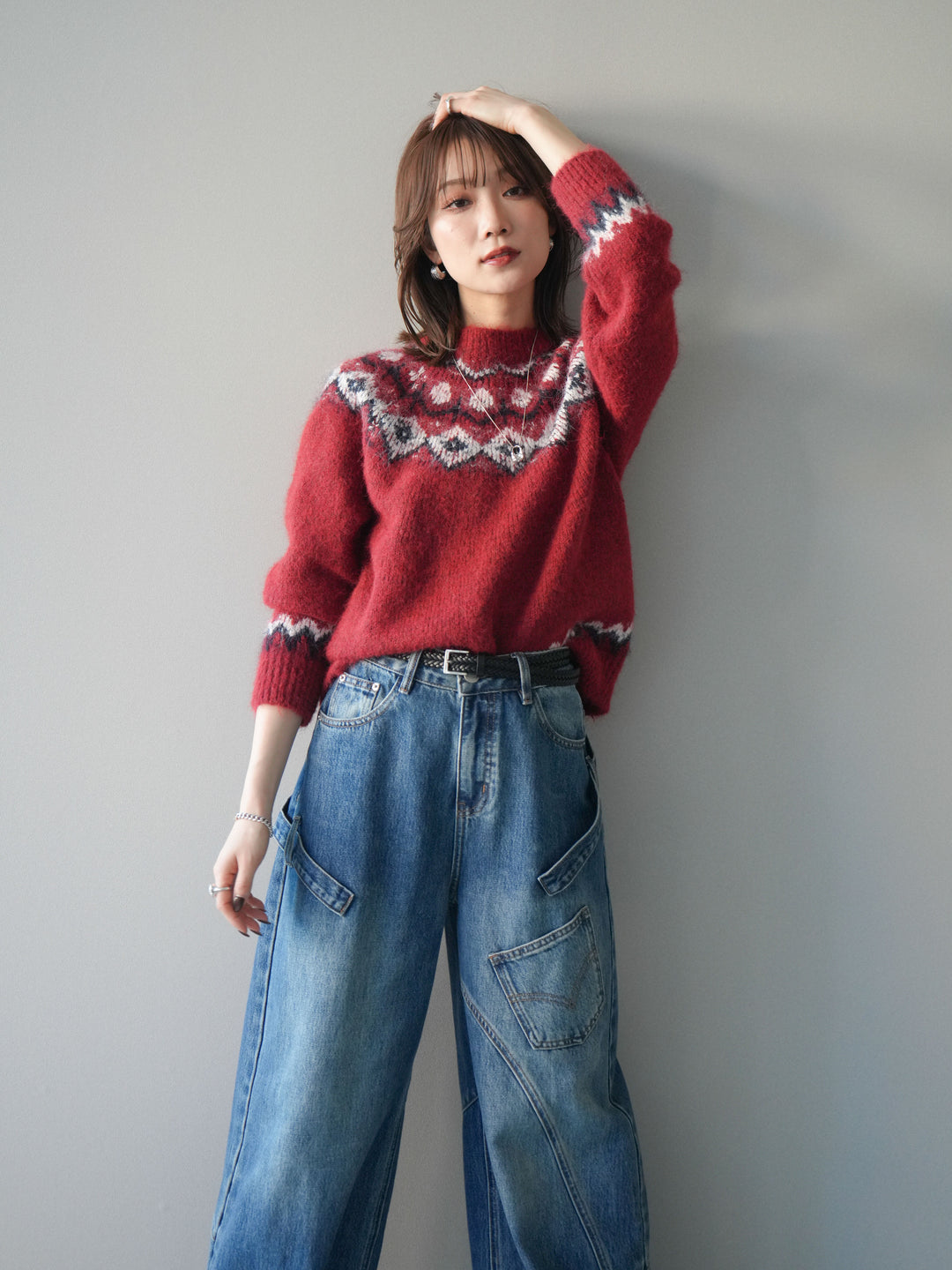 [SET]ソフトタッチ求心柄ニットプルオーバー+ペインターカーブデニムパンツ(2set)