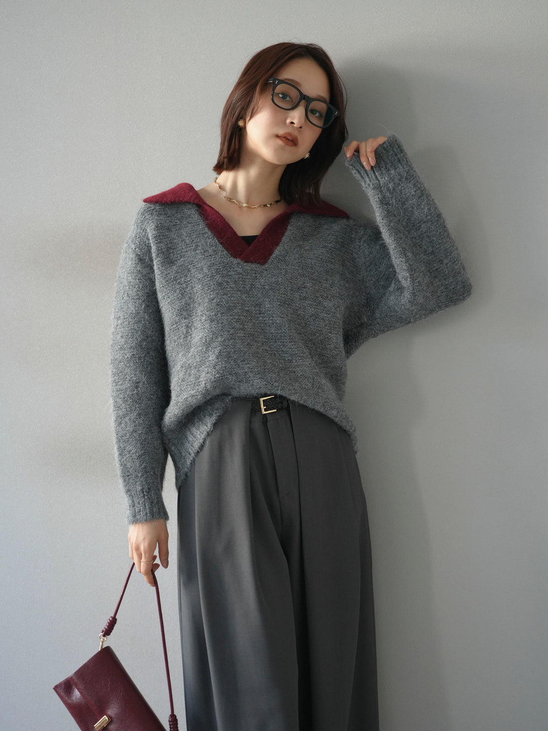 [SET]バイカラー襟付きニットプルオーバー+ベルトループデザインワイドパンツ(2set)