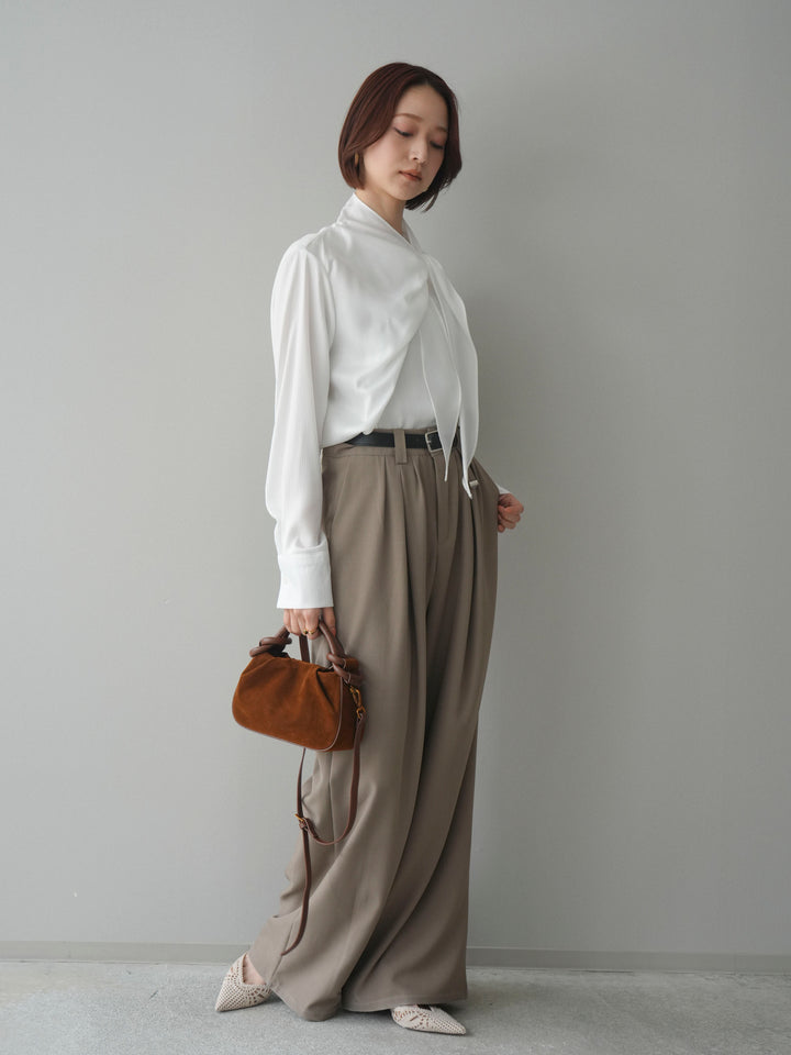 [SET]楊柳シャイニータイブラウス+ベルト付キーホルダーモチーフワイドパンツ(2set)