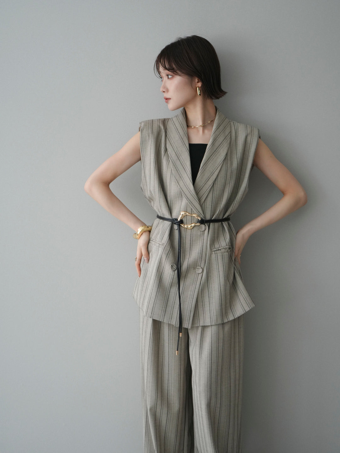 [SET]モチーフベルト付ストライプジレ＆パンツSETUP