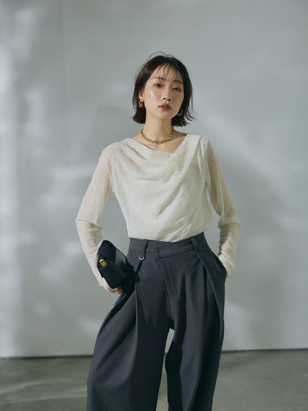 【Allure】[SET]ストレッチレースドレープトップス+アシンメトリーウエストタックパンツ(2set)