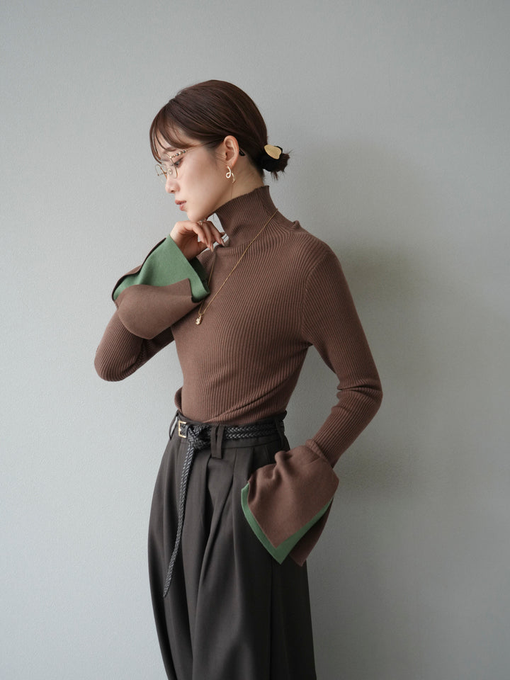 [SET] 疊層喇叭袖高領針織上衣 + 雙褶寬褲 (2 套)