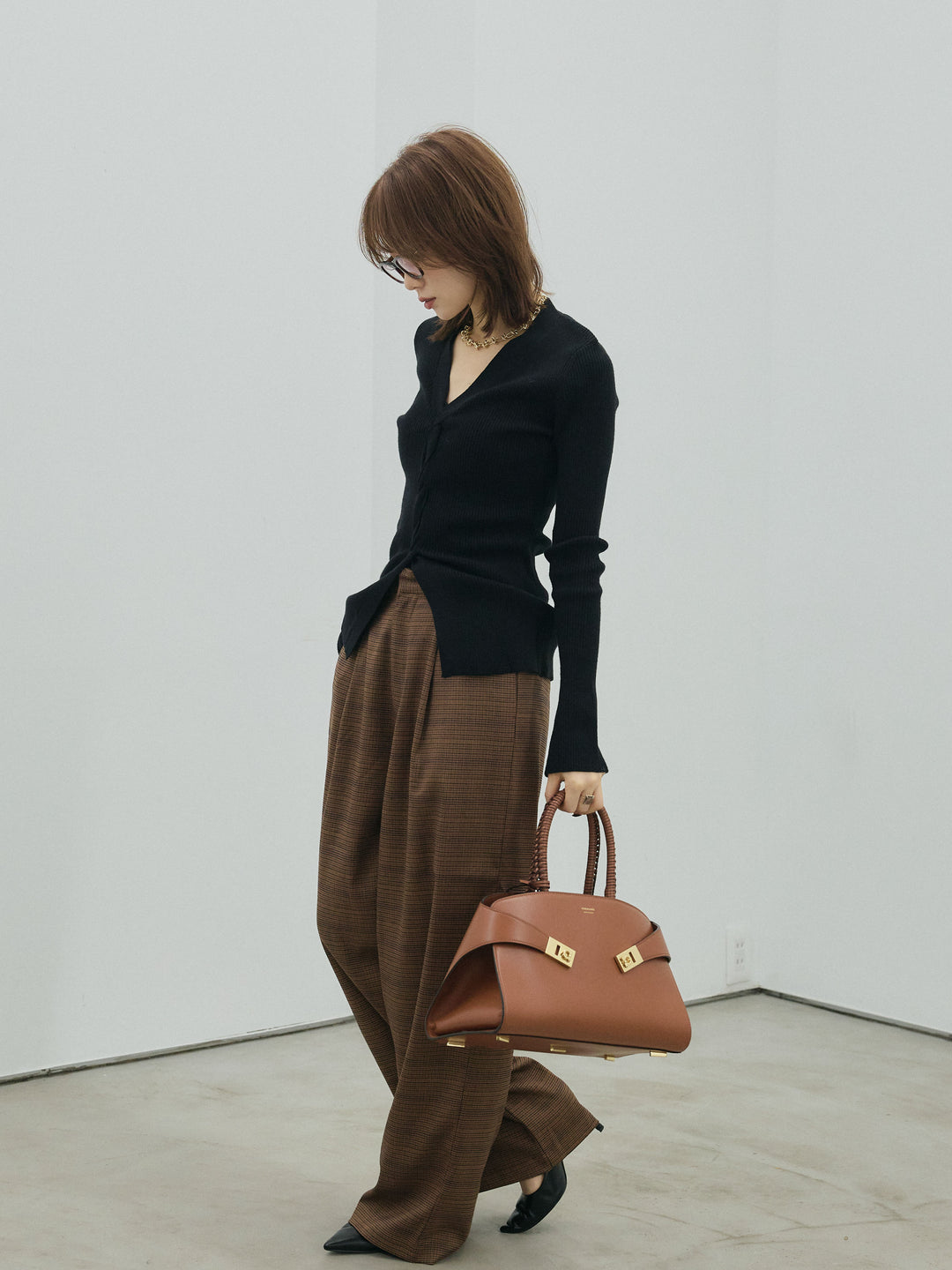 [予約]チェック柄タックワイドパンツ/brown