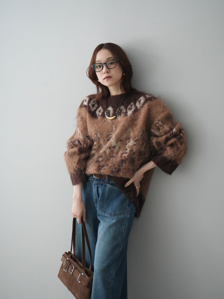 [SET]シャギーニュアンス柄ニットプルオーバー+ベルト付裏起毛カーブデニムパンツ(2set)