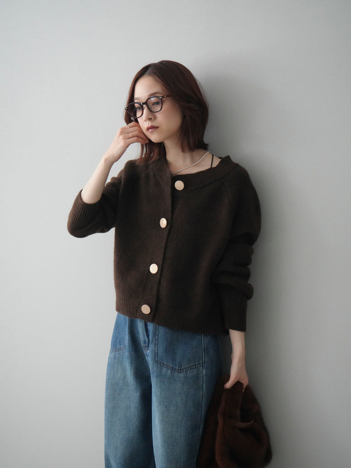 [SET]BIGボタンニットカーディガン+ベルト付裏起毛カーブデニムパンツ(2set)