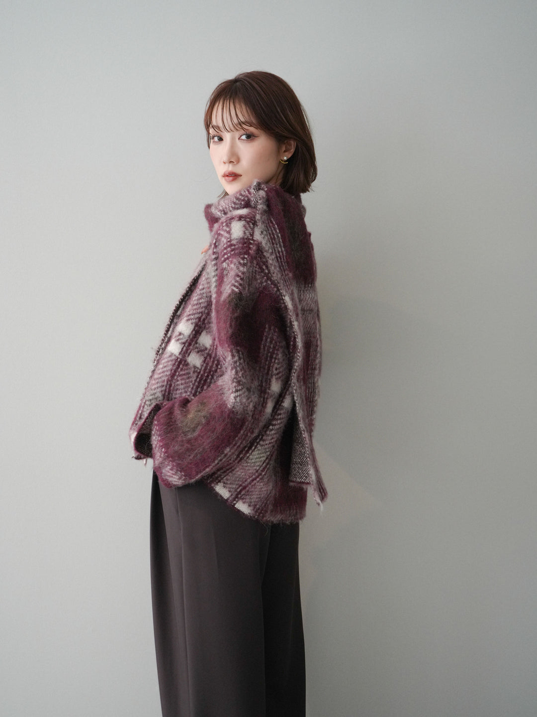 [予約]ストール付シャギーチェックニットプルオーバー/red