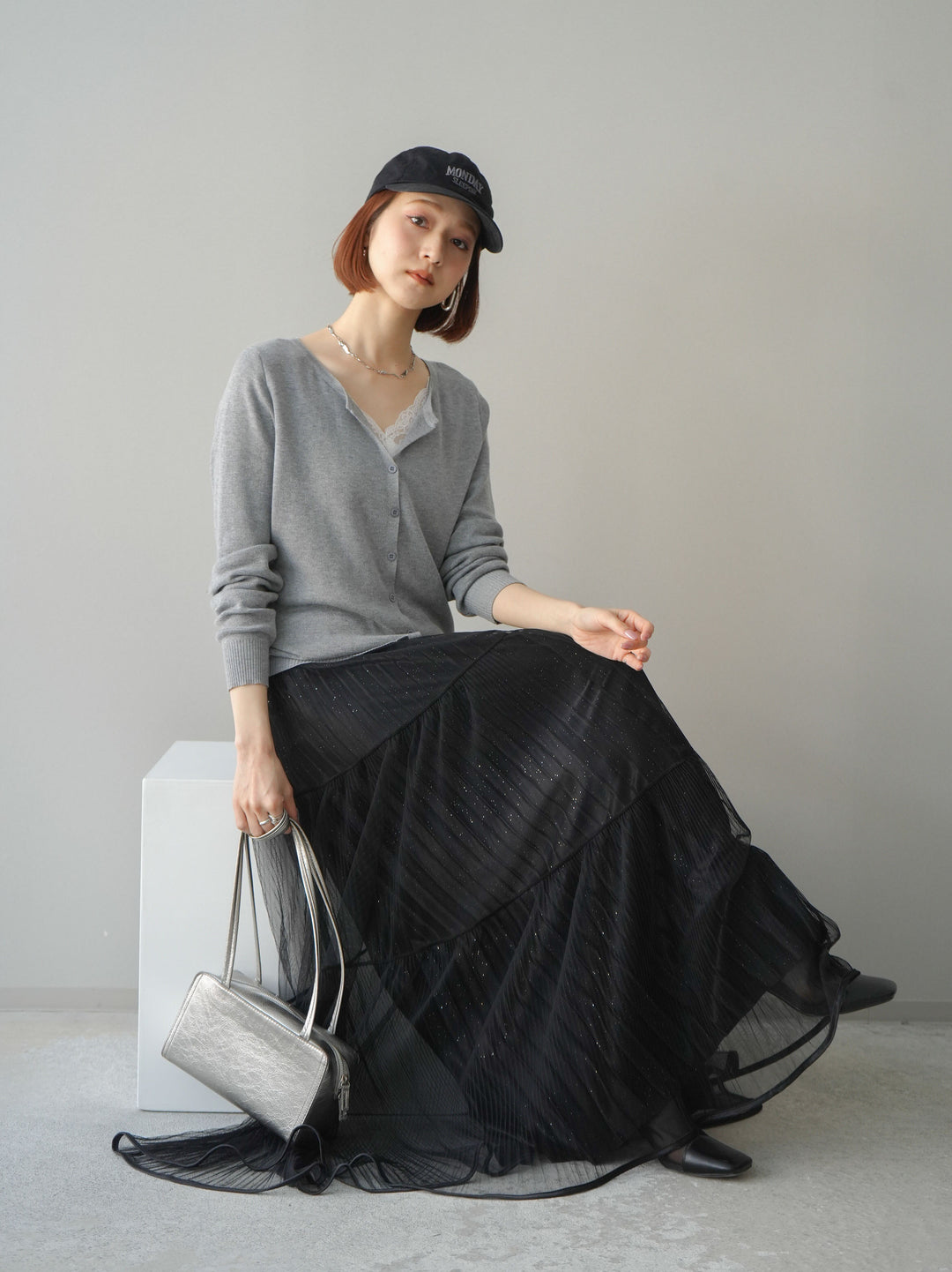 [予約]レースレイヤードニットカーディガン/gray