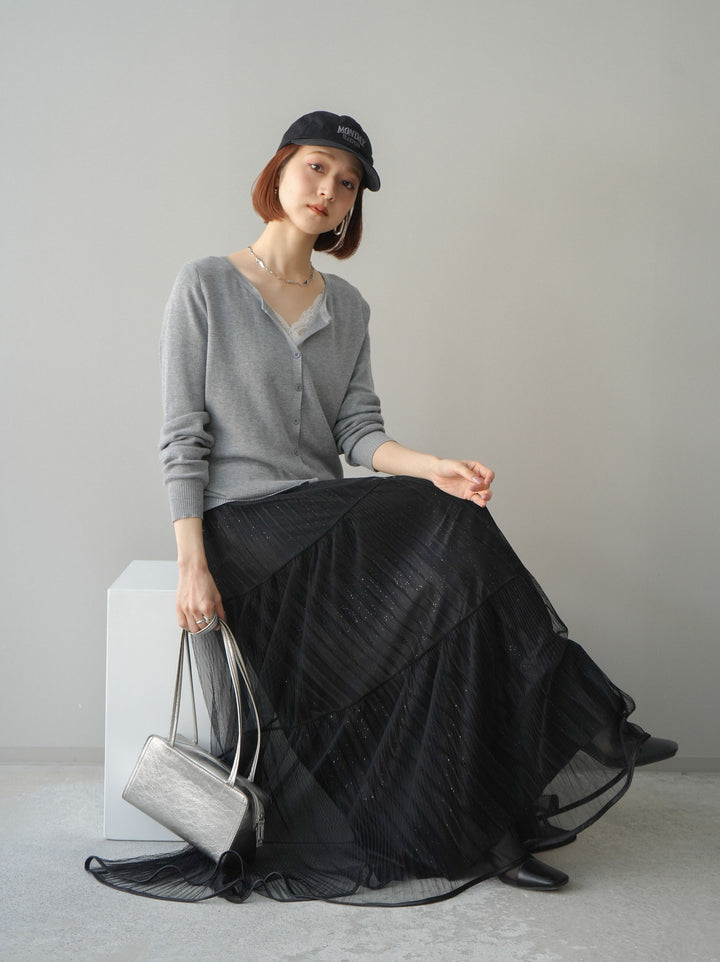 [予約]レースレイヤードニットカーディガン/gray