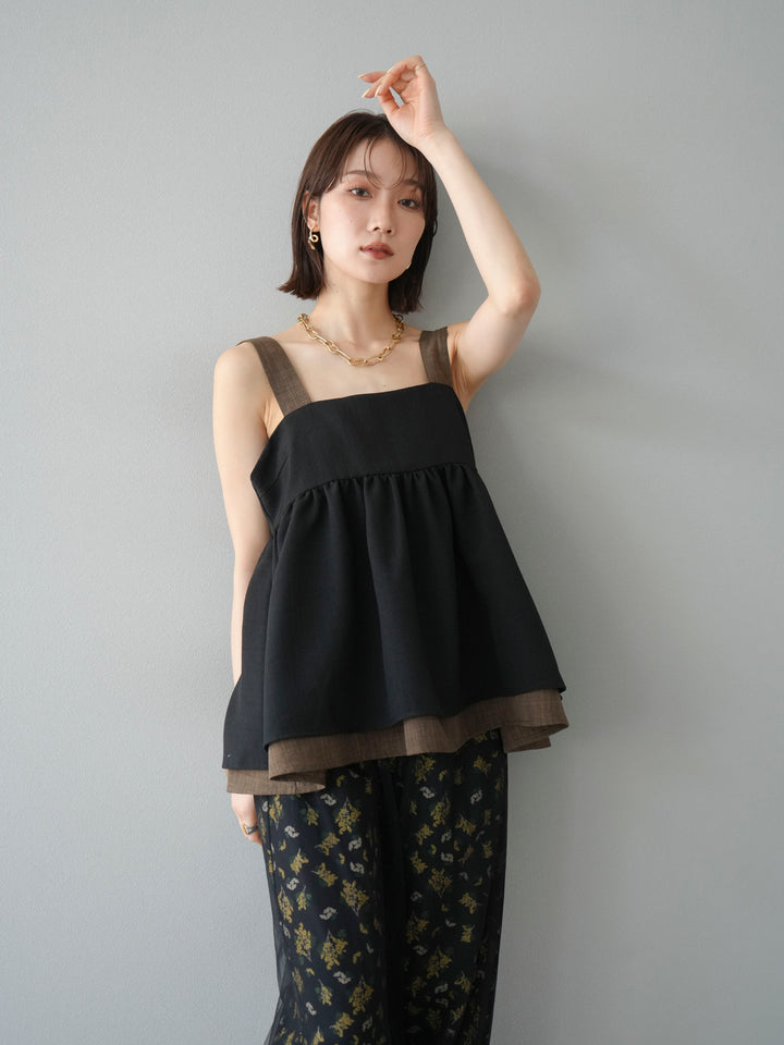 [予約]リネンライク配色フレアタンクトップ/ブラック