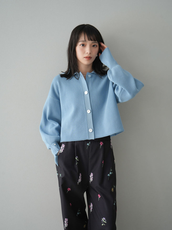 [SET]ボリュームスリーブポロニットカーディガン+フラワーアートプリントタックパンツ(2set)