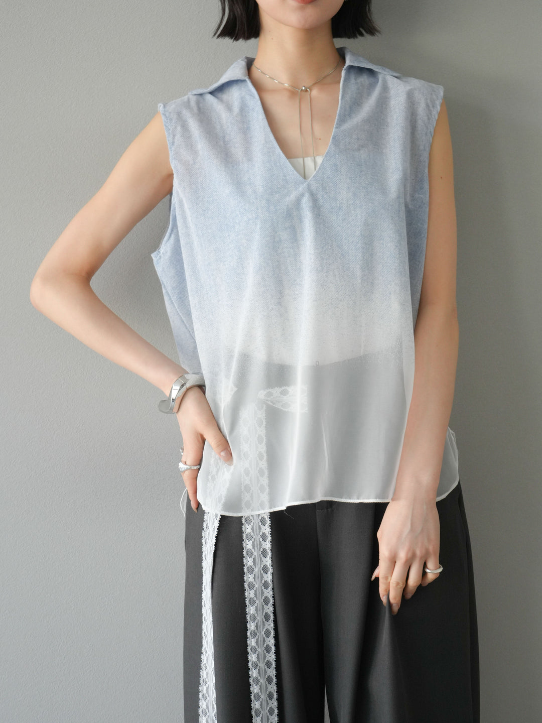 [予約]染めグラデージョンスキッパーブラウス/ライトブルー