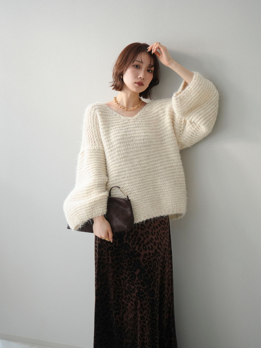 [SET]ワッフル編みシャギーニットプルオーバー+レオパードベロアナロースカート(2set)