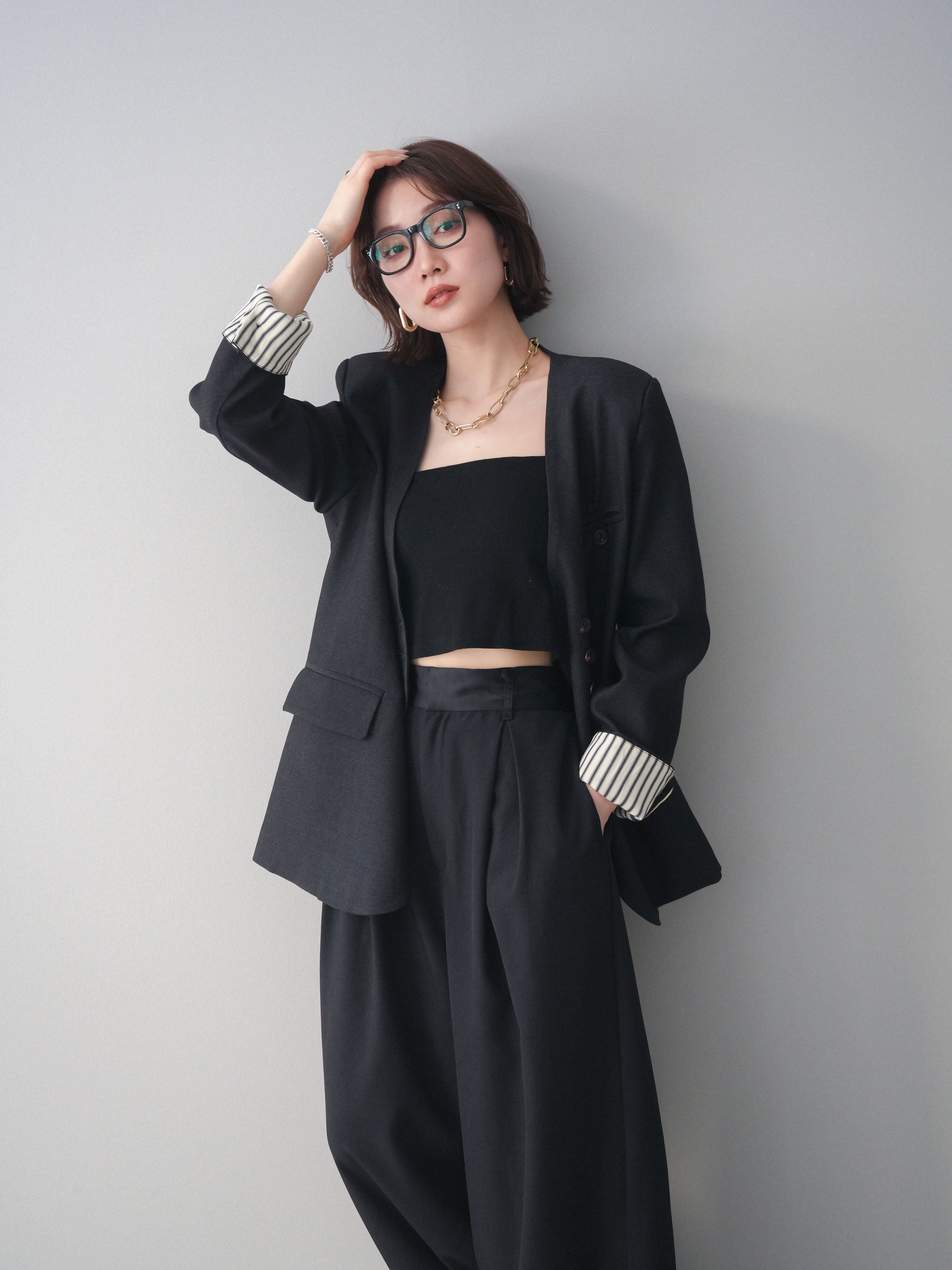 SET]ノーカラージャケット+サテンベルトタックワイドパンツ(2set) – Lumier