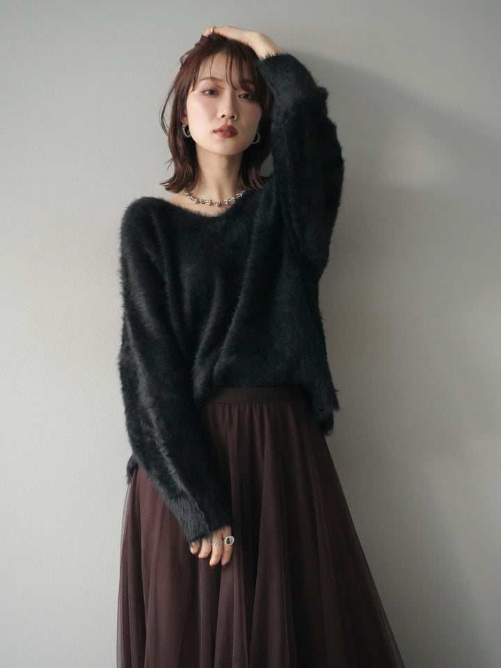 [予約]バックリボンVネックシャギーニットプルオーバー/black