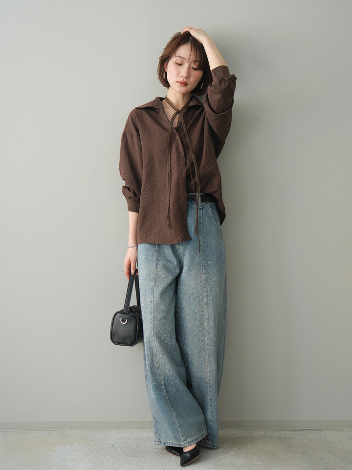 [予約]フロントビジューカーブデニムパンツ/lightblue