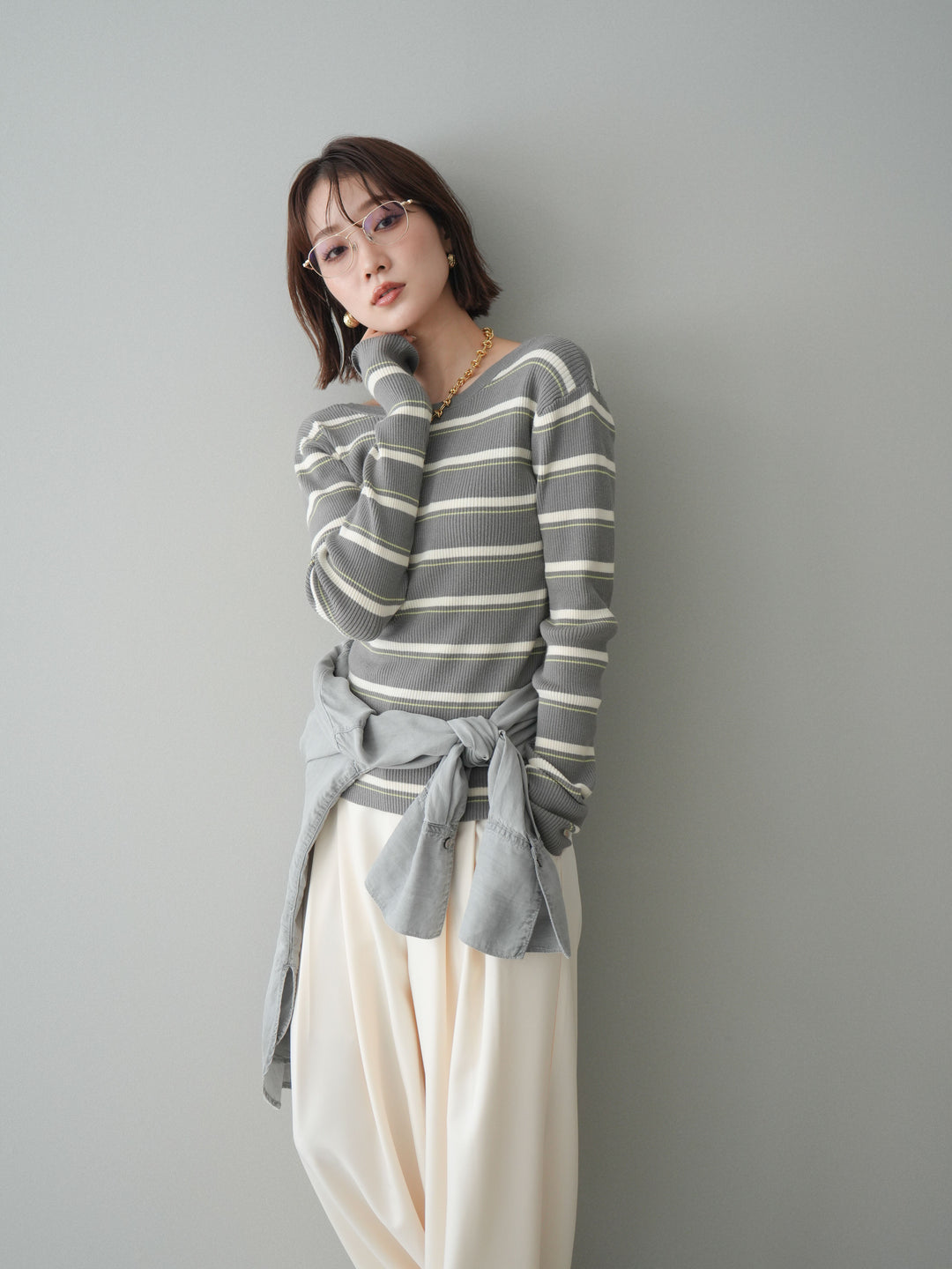 [予約]バックオープンテレコリブマルチボーダートップス/gray