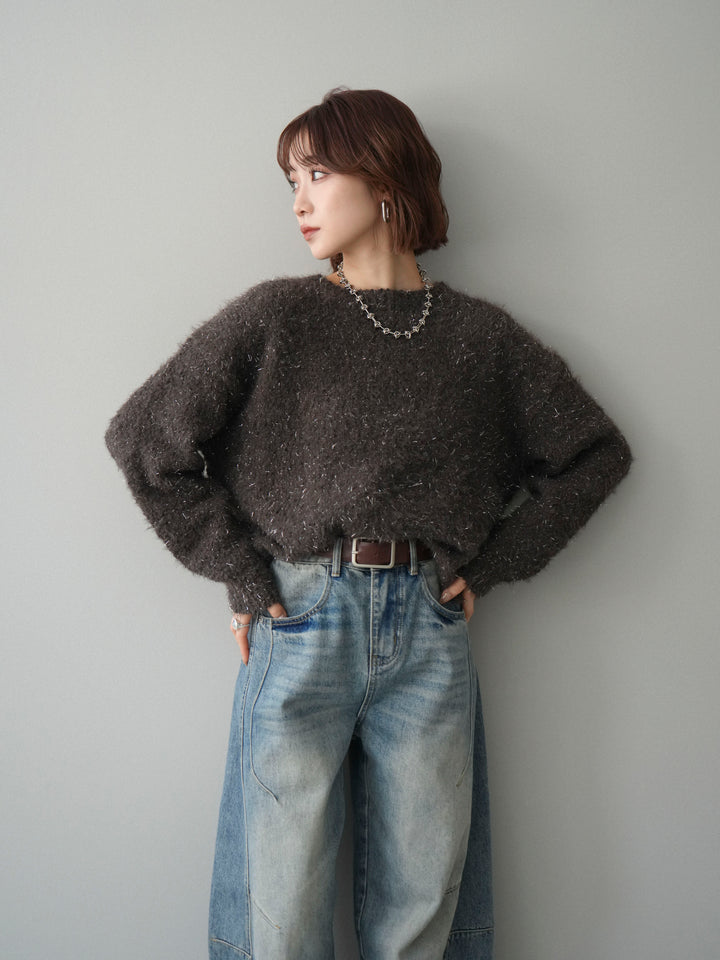 [SET]モールラメミックスヤーンニットプルオーバー+ベルト付カーブデニムパンツ(2set)