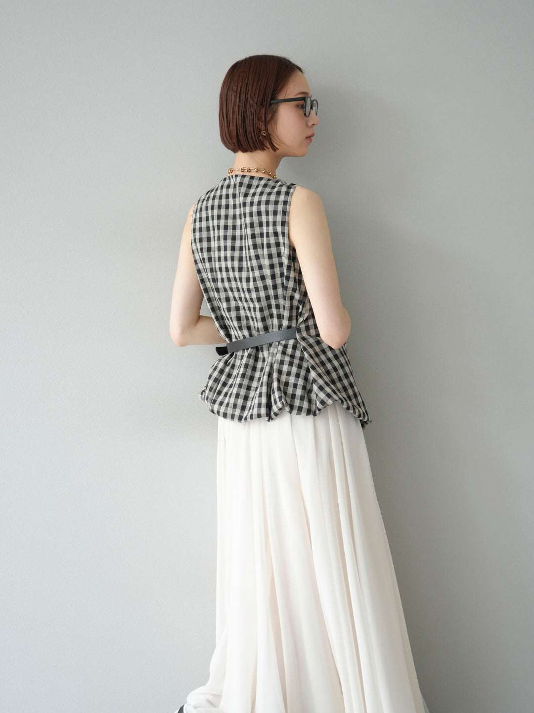[予約]ベルトデザインバルーンブラウス/チェック