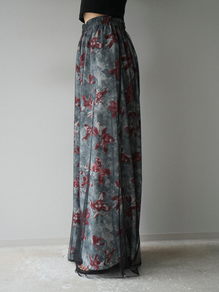 [予約]フラワープリントチュールレイヤードパンツ/グレー