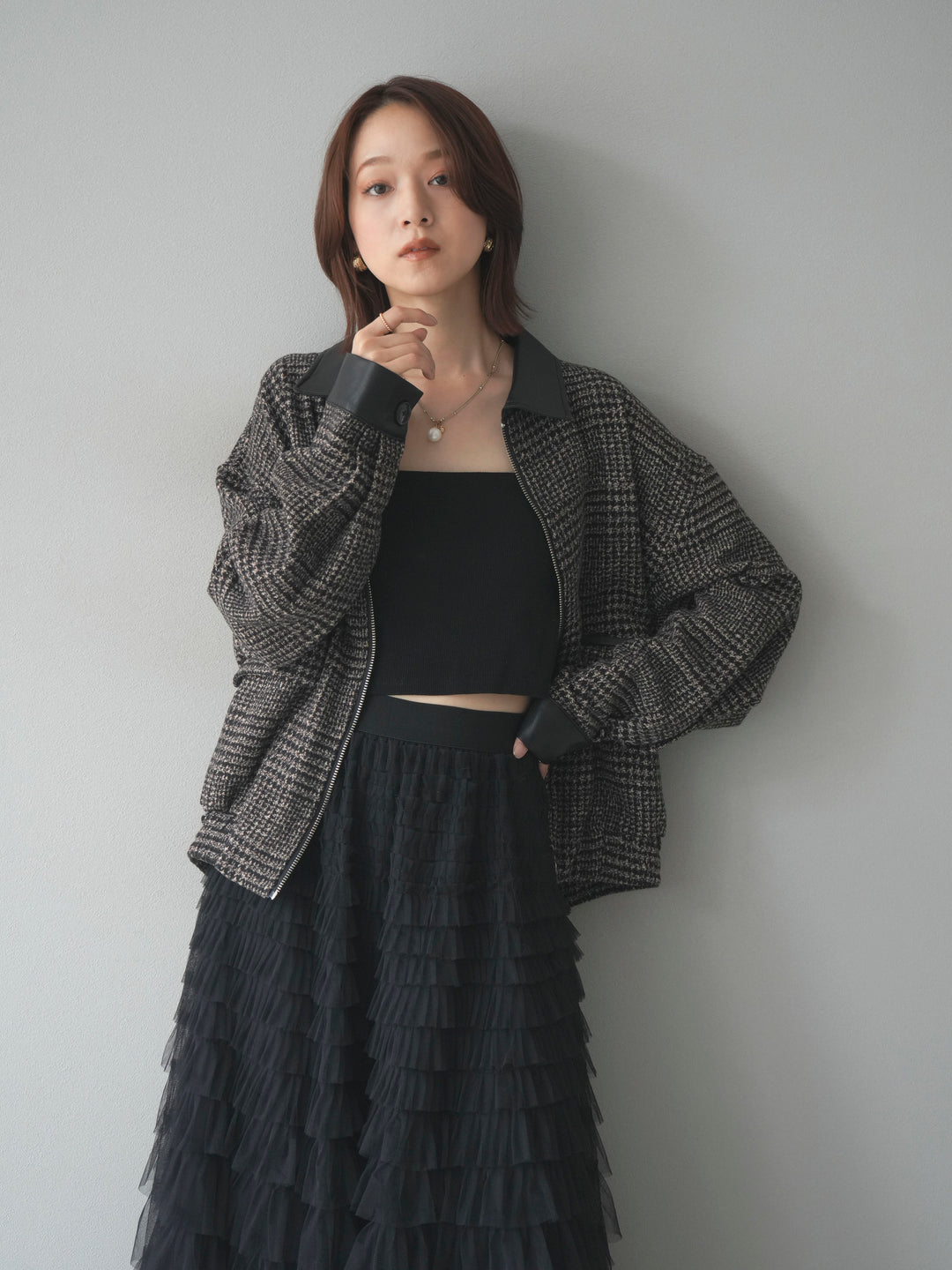 [予約]レザー襟ミックスツイードジャケット/brown